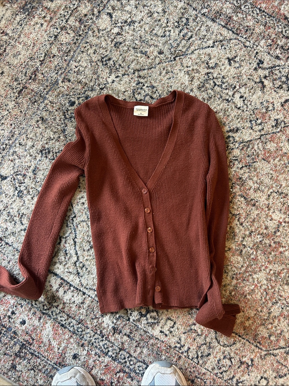 Abercrombie & Fitch Rust Brown Waffle-Knit V-Neck Cardigan
